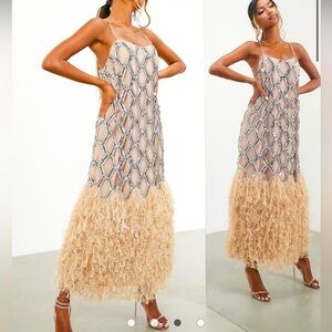 ASOS EDITION Sequin midi dress with feather hem in nude pink color